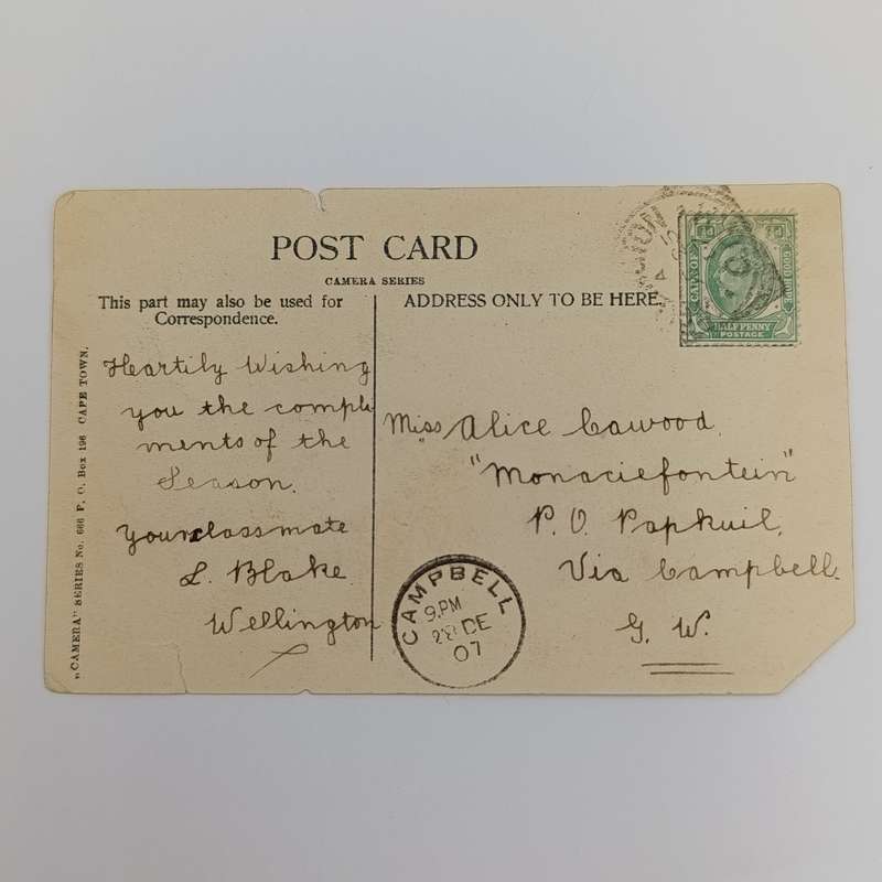 1907 Postcard Wellington to Campbell, Griqualand West - Picture of Girls High School Wellington