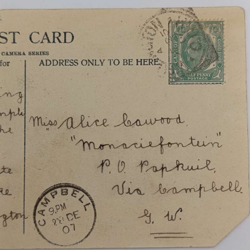 1907 Postcard Wellington to Campbell, Griqualand West - Picture of Girls High School Wellington