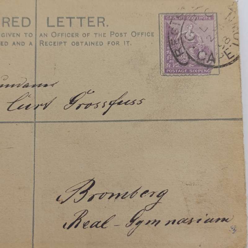 1898 Cape of Good Hope registered letter 4d prepaid plus 6d stamp Cape Town to Bromberg, Germany