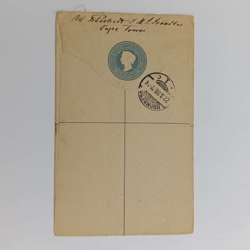 1898 Cape of Good Hope registered letter 4d prepaid plus 6d stamp Cape Town to Bromberg, Germany