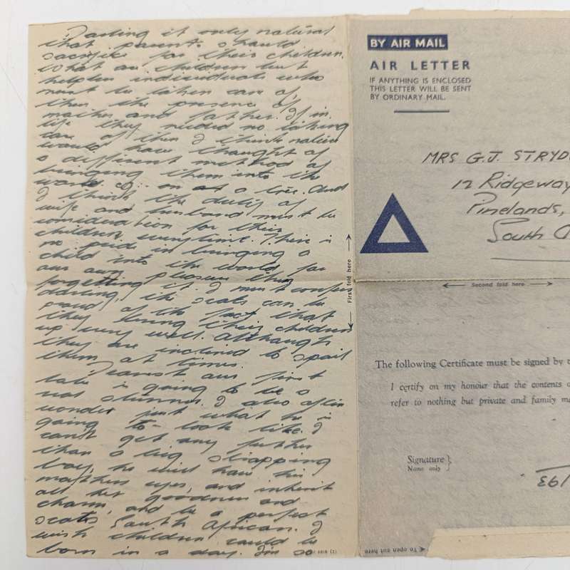 Lot of 110 WW2 period letter cards sent to Mrs GJ Strydom of Pinelands by her husband George