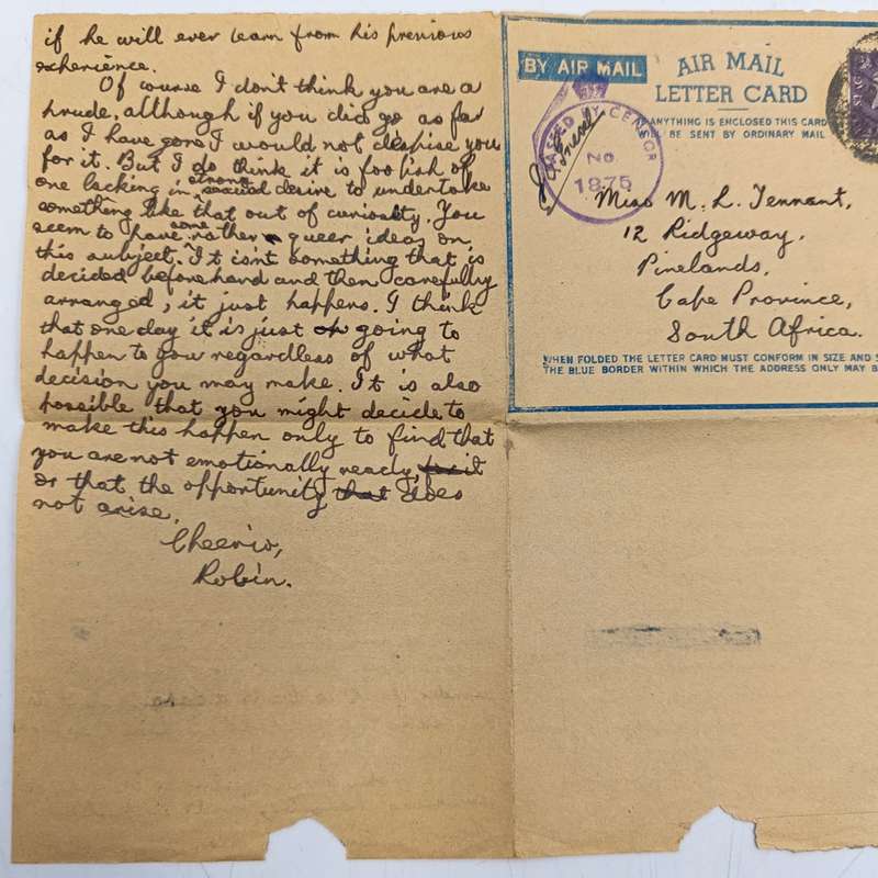 Lot of 31 WW2 period letter cards sent to miss (Staff Sgt) ML Tennant stationed in Simonstown