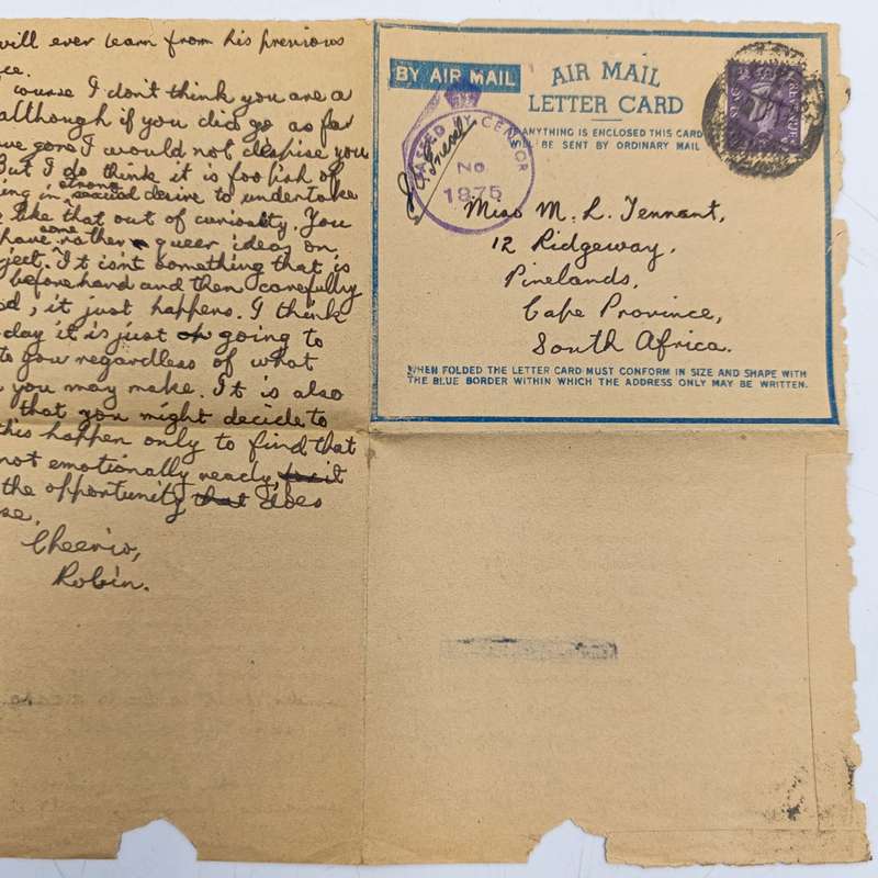 Lot of 31 WW2 period letter cards sent to miss (Staff Sgt) ML Tennant stationed in Simonstown
