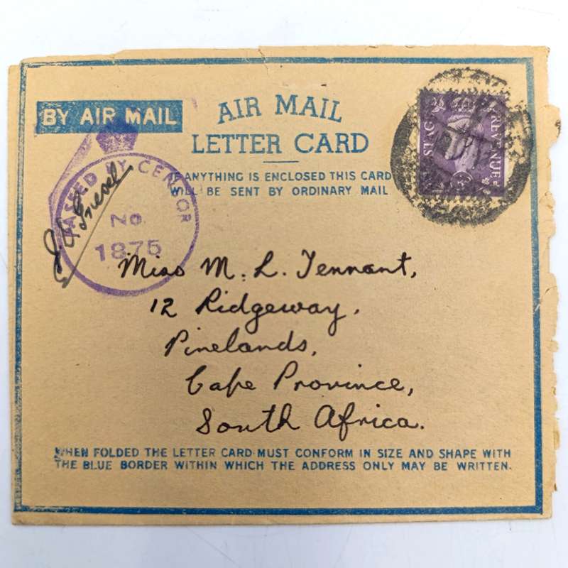 Lot of 31 WW2 period letter cards sent to miss (Staff Sgt) ML Tennant stationed in Simonstown