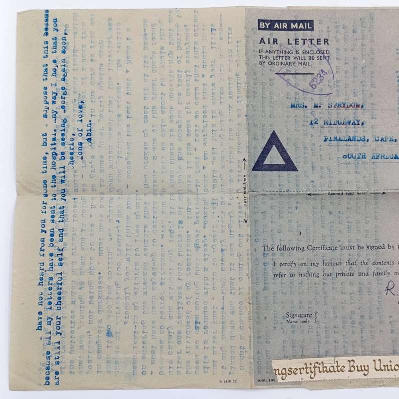 WW2 Air letter sent by Robin Bell to his sister May Strydom.