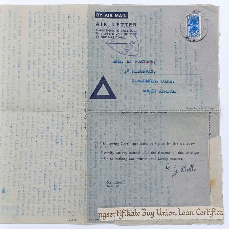 WW2 Air letter sent by Robin Bell to his sister May Strydom.