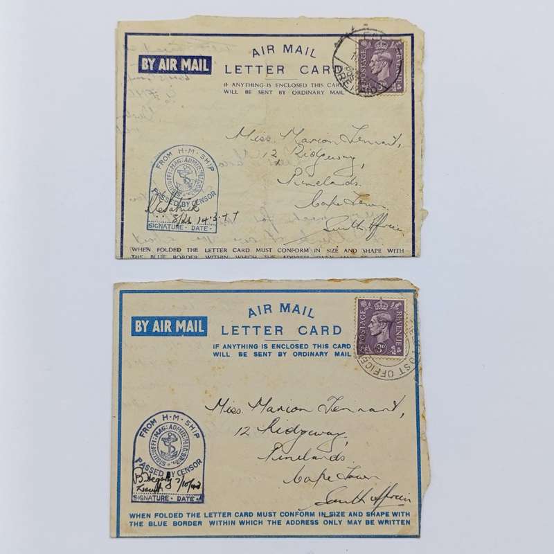 WW2 Airmail letter cards sent by Joe Tennant stationed on the HMSAS Seksern to his sister Marian