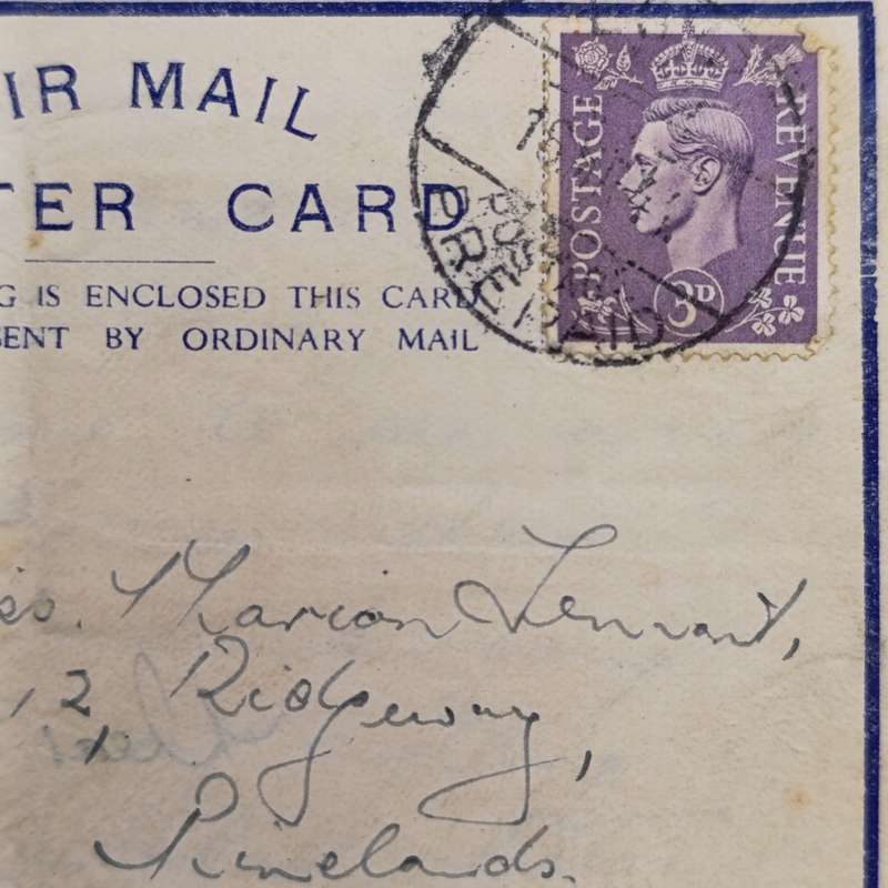 WW2 Airmail letter cards sent by Joe Tennant stationed on the HMSAS Seksern to his sister Marian