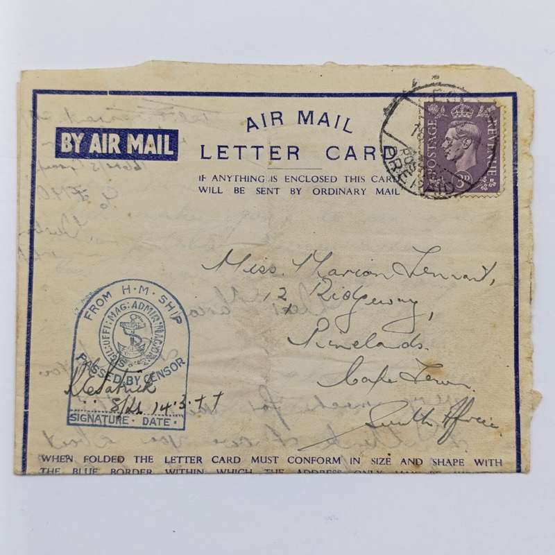 WW2 Airmail letter cards sent by Joe Tennant stationed on the HMSAS Seksern to his sister Marian