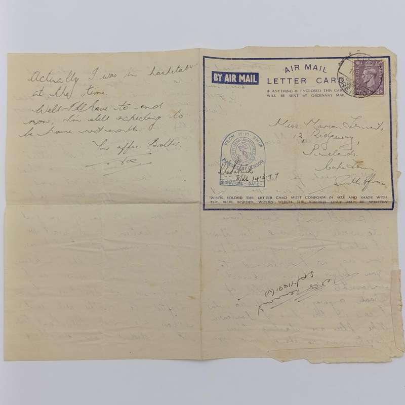 WW2 Airmail letter cards sent by Joe Tennant stationed on the HMSAS Seksern to his sister Marian