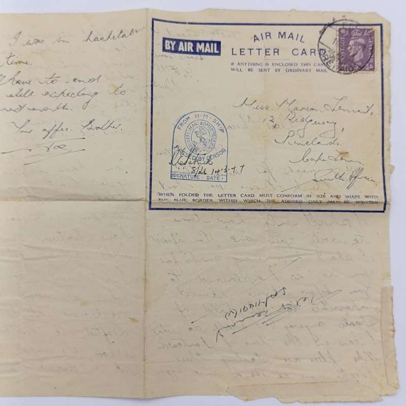 WW2 Airmail letter cards sent by Joe Tennant stationed on the HMSAS Seksern to his sister Marian