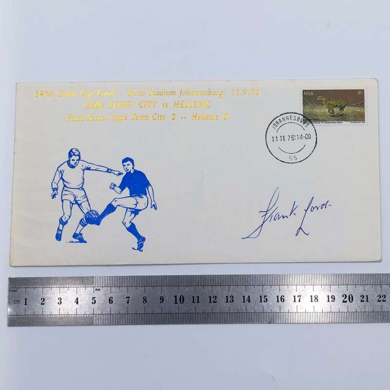 1976 Castle Cup Final Cape Town City vs Hellenic postal cover signed by the legendary Frank Lord
