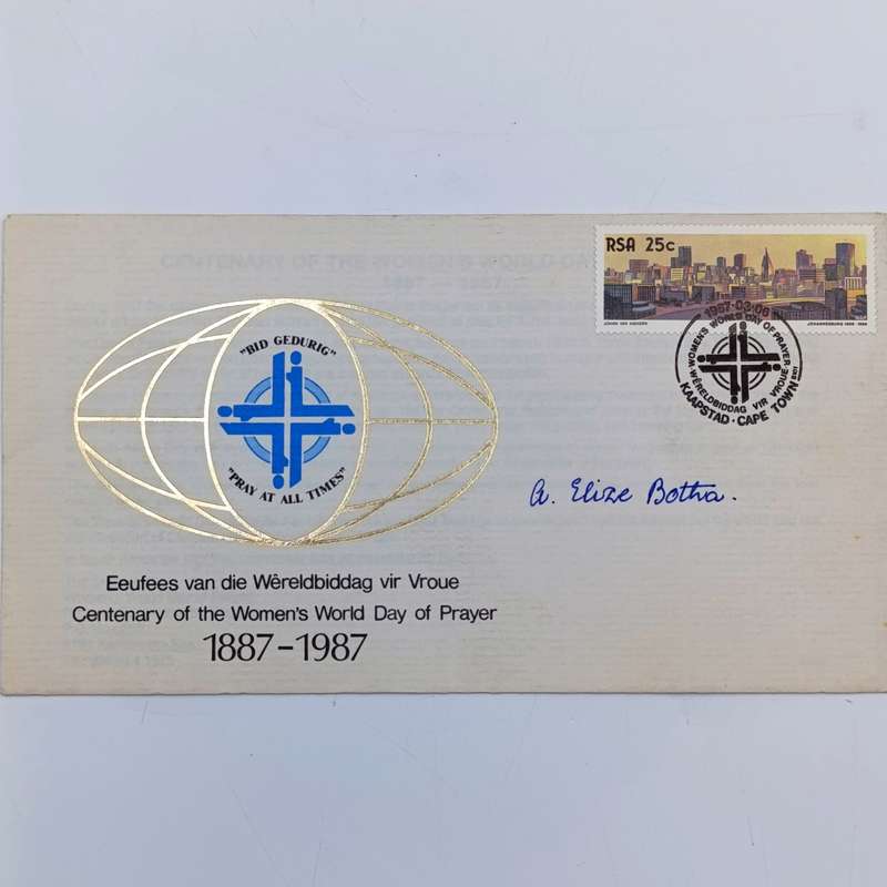Postal cover RSA Centenary of the Women's World day of prayer signed by Elize Botha