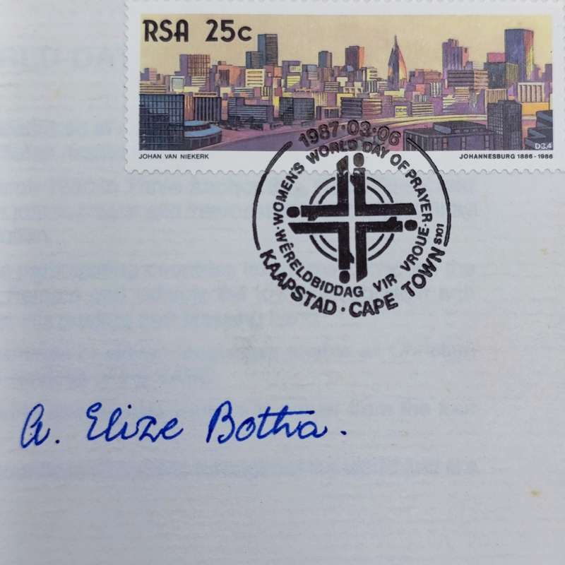 Postal cover RSA Centenary of the Women's World day of prayer signed by Elize Botha