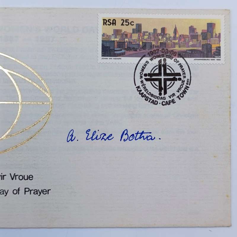 Postal cover RSA Centenary of the Women's World day of prayer signed by Elize Botha