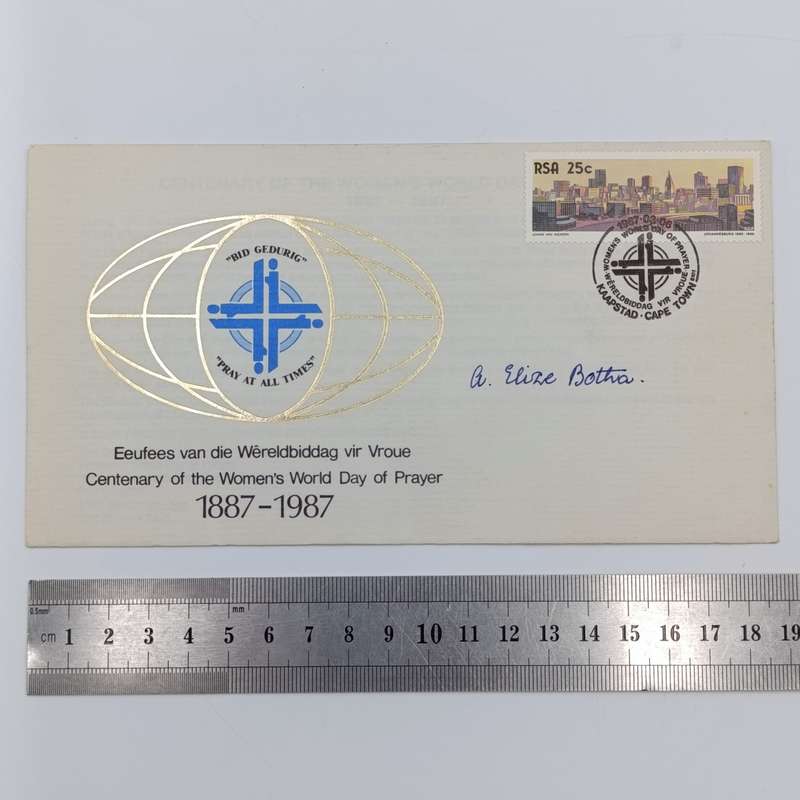 Postal cover RSA Centenary of the Women's World day of prayer signed by Elize Botha