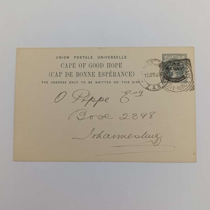 1897 Postcard from Cape Town to Johannesburg, ZAR with SCI postmark