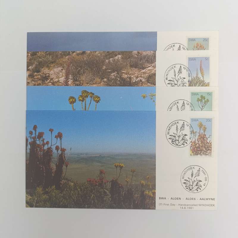 Lot of 4 SWA Aloes Maxi - cards 1981 First Day - Hand cancelled in Windhoek