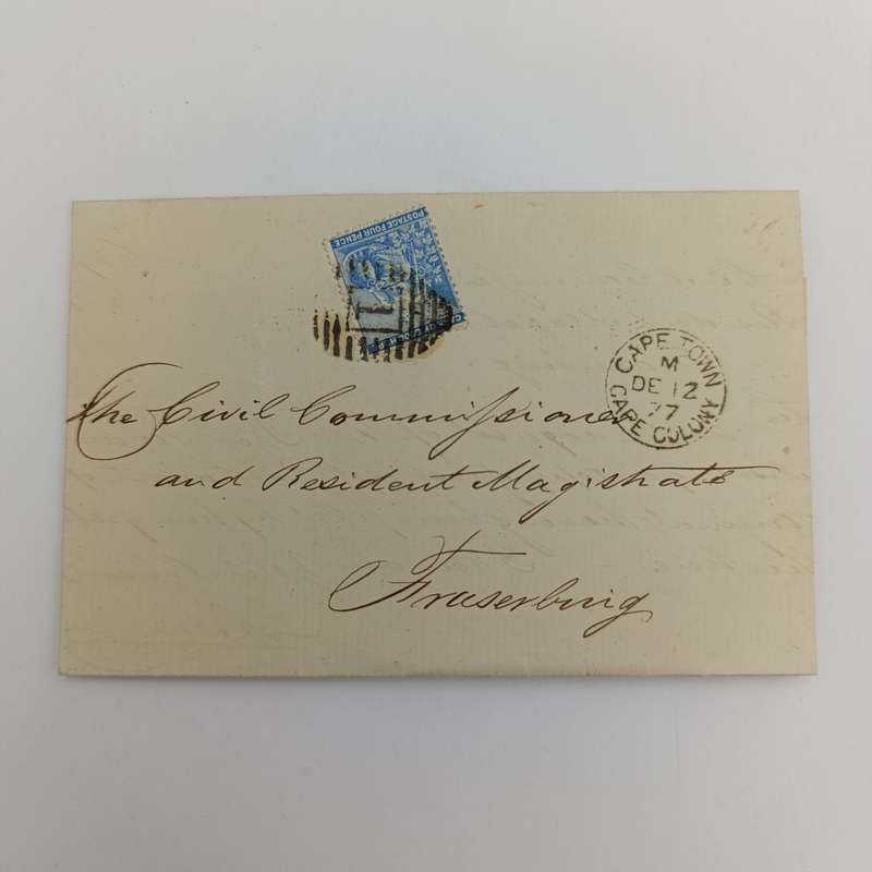 1877 letter sent from Cape Town to Fraserburg, Cape Colony Four penny stamp with oval Numeral cancel