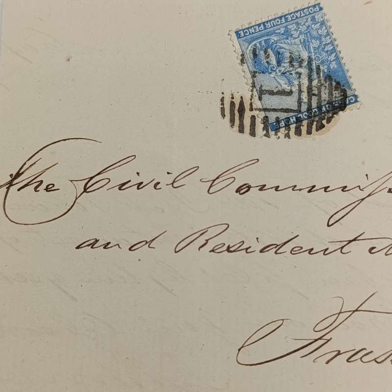 1877 letter sent from Cape Town to Fraserburg, Cape Colony Four penny stamp with oval Numeral cancel