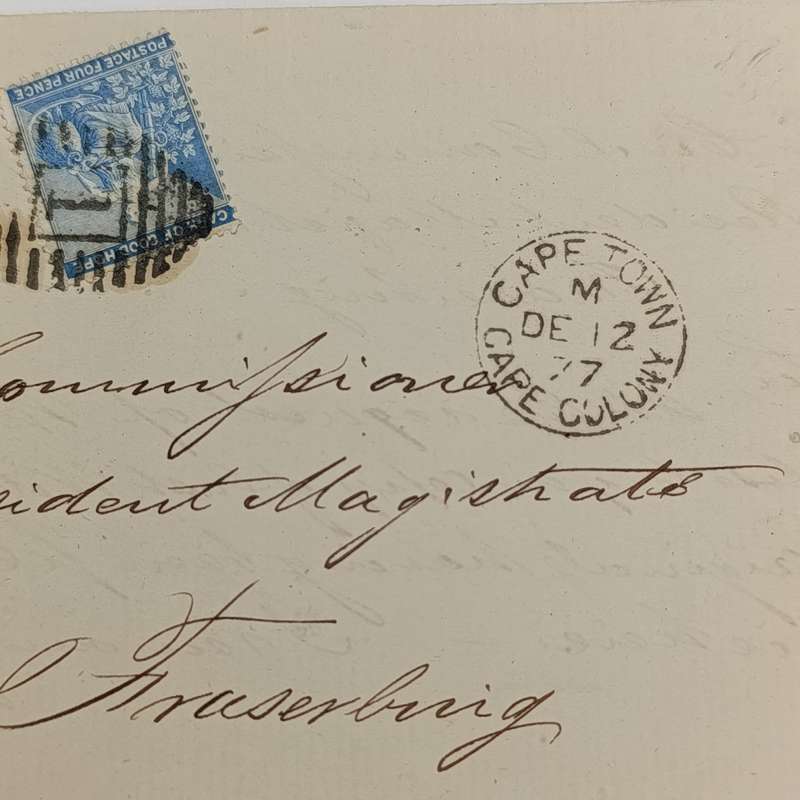 1877 letter sent from Cape Town to Fraserburg, Cape Colony Four penny stamp with oval Numeral cancel