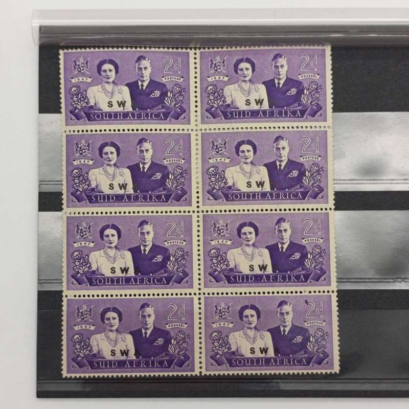 South West Africa SACC 163 block of 8 - bottom right stamp large spot flaw