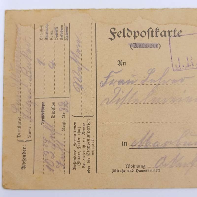 WW1 Feldpostkarte 103 Inf Division 1st Batallion 4th Company 30 December 1916