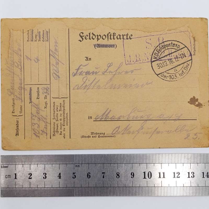 WW1 Feldpostkarte 103 Inf Division 1st Batallion 4th Company 30 December 1916