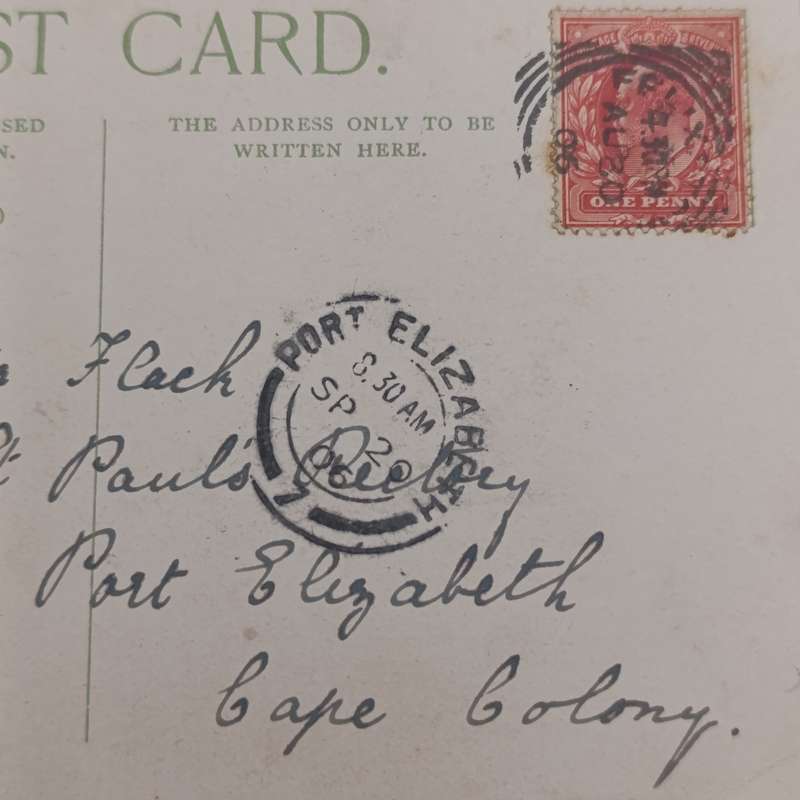 1906 Postcard with picture of the Felix Hotel in Felixstowe, sent from Felixstowe to Port Elizabeth,