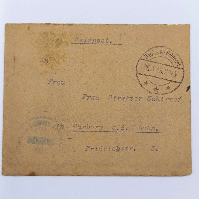 1918 Feldpost WW1 cover addressed to Frau Director Schirmen, Marburg Deutsche Feldpost