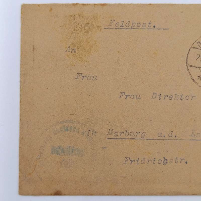 1918 Feldpost WW1 cover addressed to Frau Director Schirmen, Marburg Deutsche Feldpost
