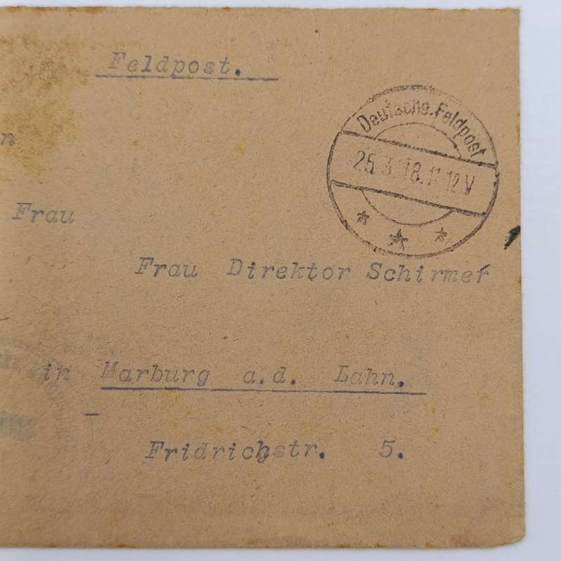 1918 Feldpost WW1 cover addressed to Frau Director Schirmen, Marburg Deutsche Feldpost