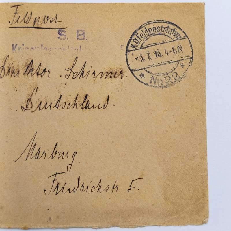 1916 WW1 Feldpost wartime cover to Marburg Feldpoststation no. 22.