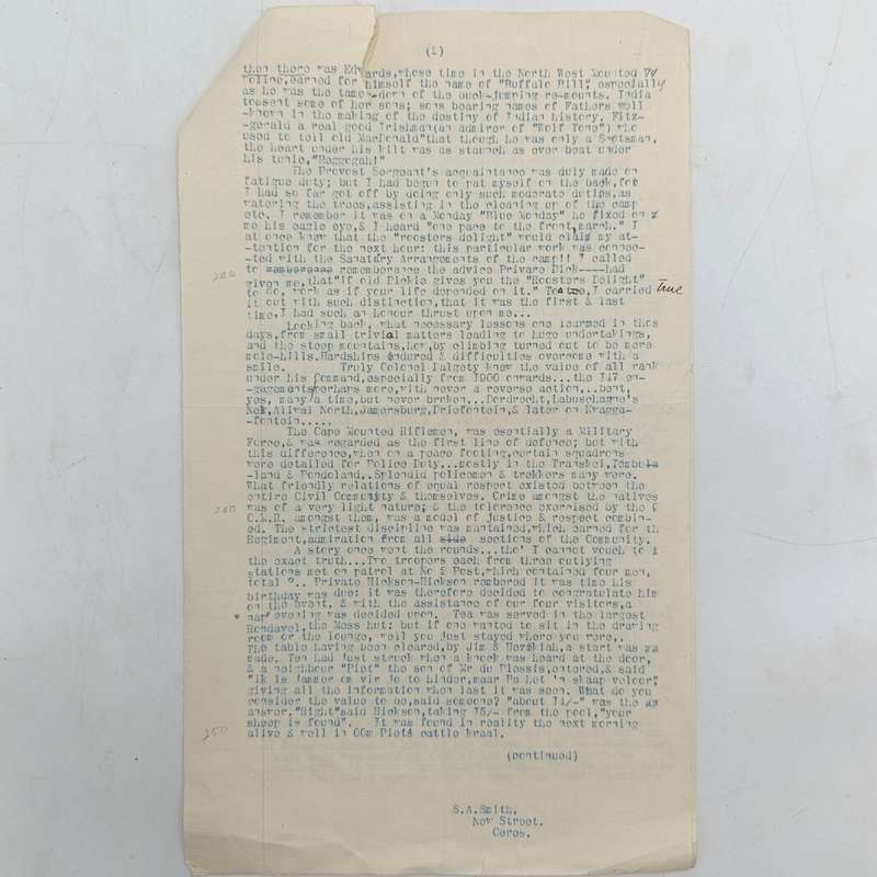 Reminiscences of the old Cape Mounted Rifles by soldier S.A. Smith of Ceres, An original document
