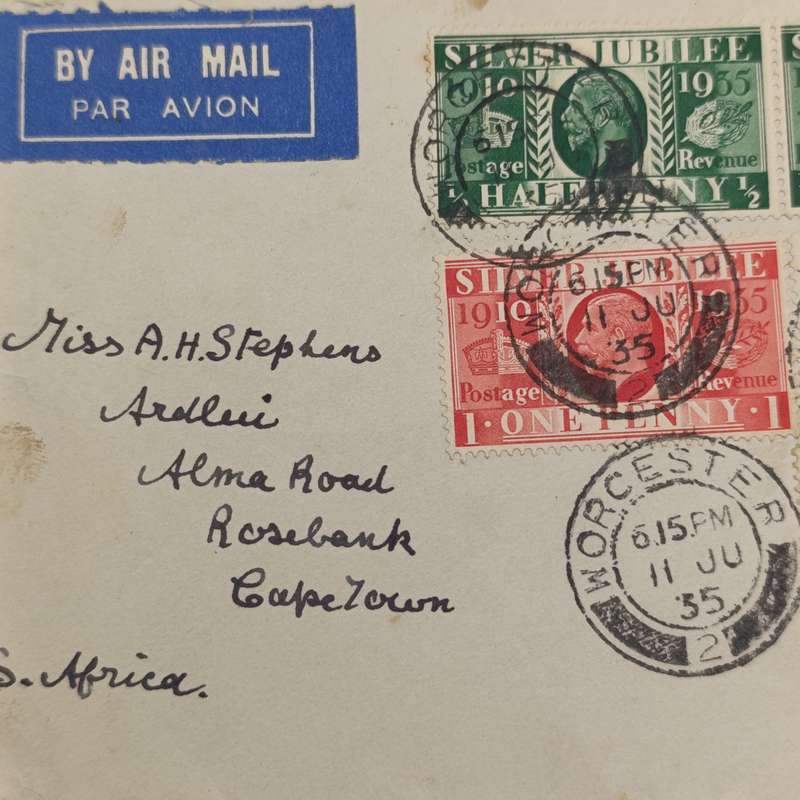 Airmail letter Worcester, UK to Cape Town, South Africa 11 June 1935