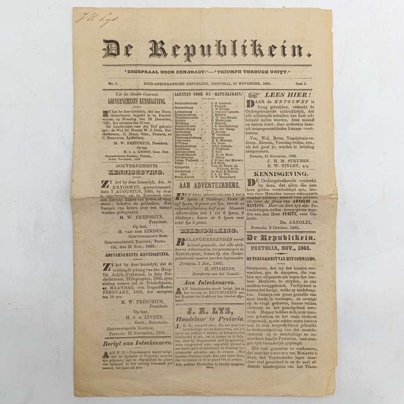 1865 Copy of De Republikein in excellent condition with article about a Commando that went out to f