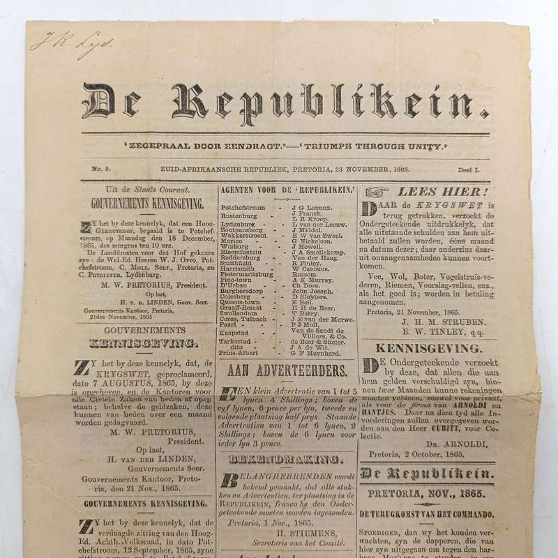 1865 Copy of De Republikein in excellent condition with article about a Commando that went out to f