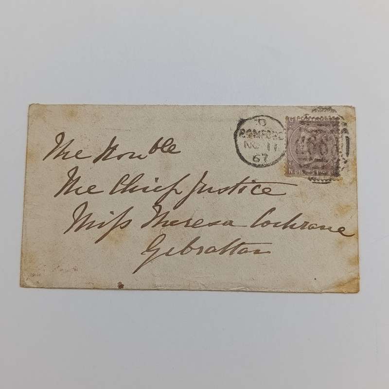 1867 Letter cover Banford, England to Gibraltar addressed to the Chief Justice with sixpence stamp