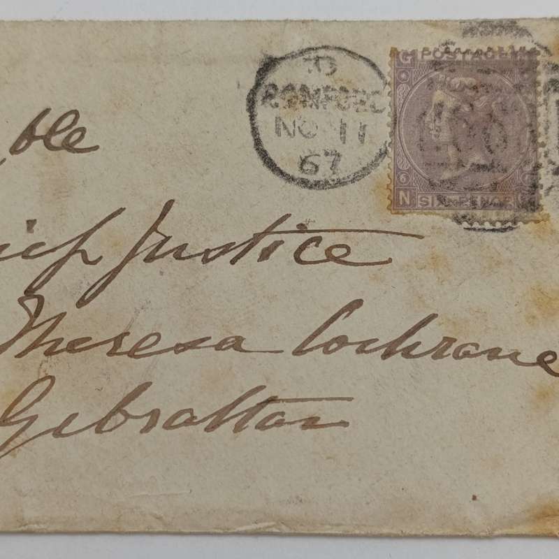 1867 Letter cover Banford, England to Gibraltar addressed to the Chief Justice with sixpence stamp