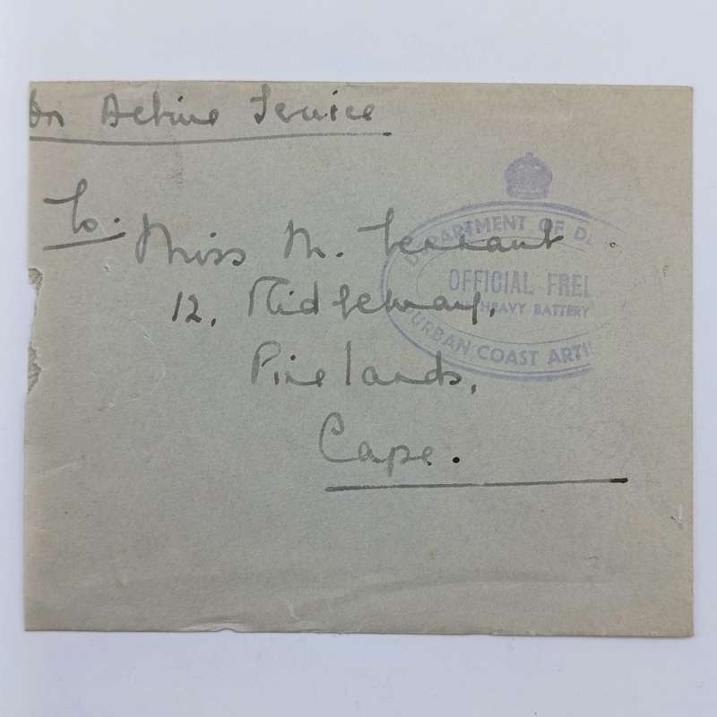 WW2 On Active service cover with Durban Artillery OFFICIAL FREE Rubber stamp