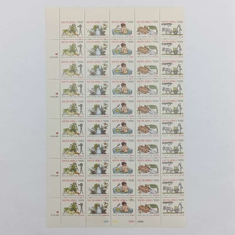 Full page of 1997 South Africa standard postage stamps with every second row perfaration missing (50