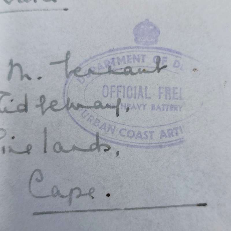 WW2 On Active service cover with Durban Artillery OFFICIAL FREE Rubber stamp