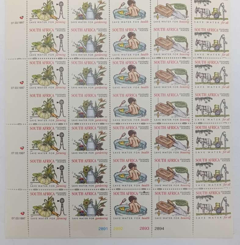 Full page of 1997 South Africa standard postage stamps with every second row perfaration missing (50