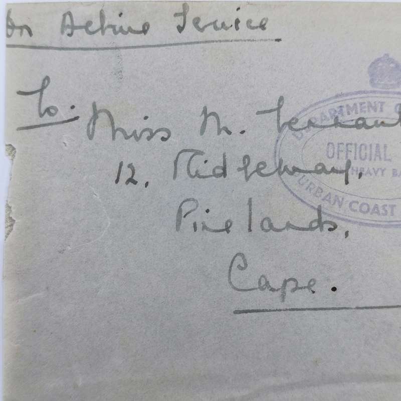 WW2 On Active service cover with Durban Artillery OFFICIAL FREE Rubber stamp