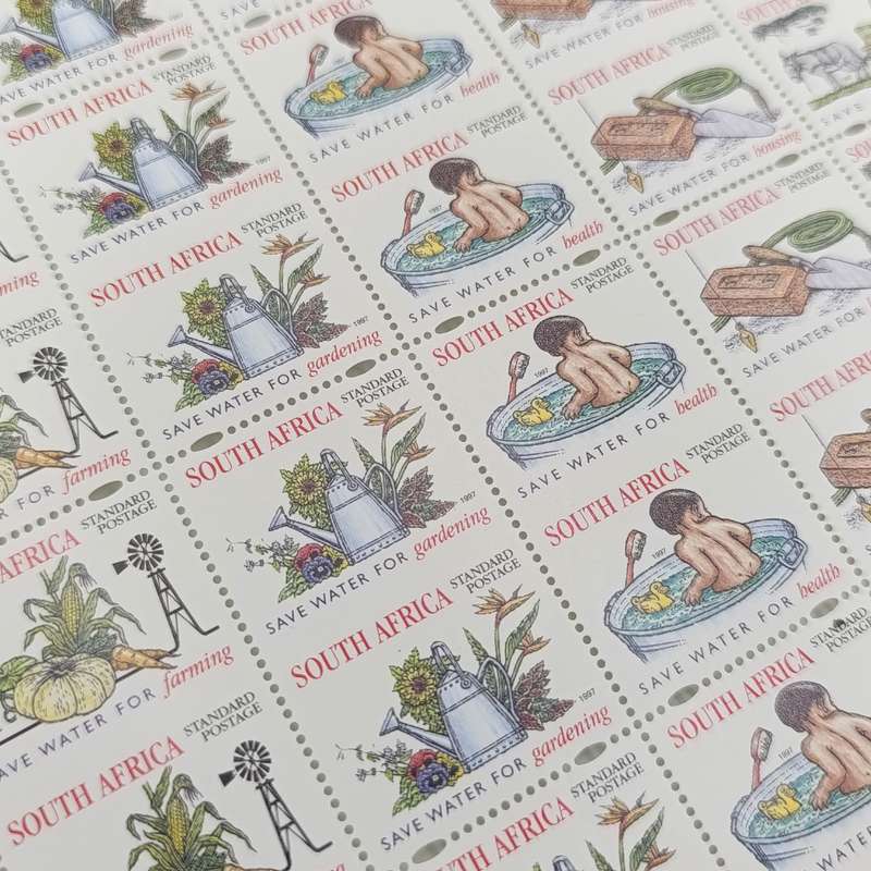Full page of 1997 South Africa standard postage stamps with every second row perfaration missing (50