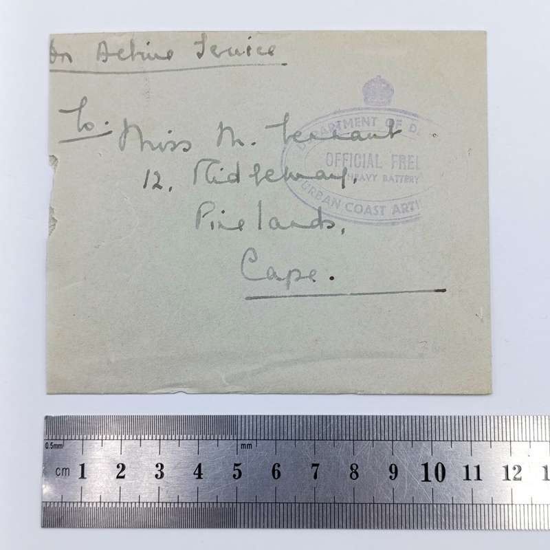 WW2 On Active service cover with Durban Artillery OFFICIAL FREE Rubber stamp