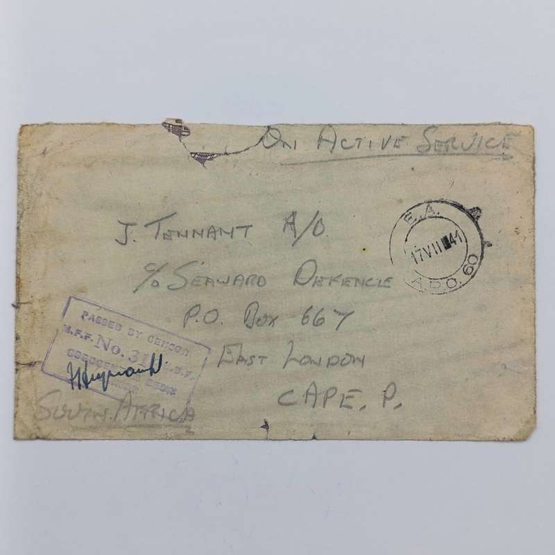 South Africa 1941 On Active service cover APO 60 to East London passed by censor