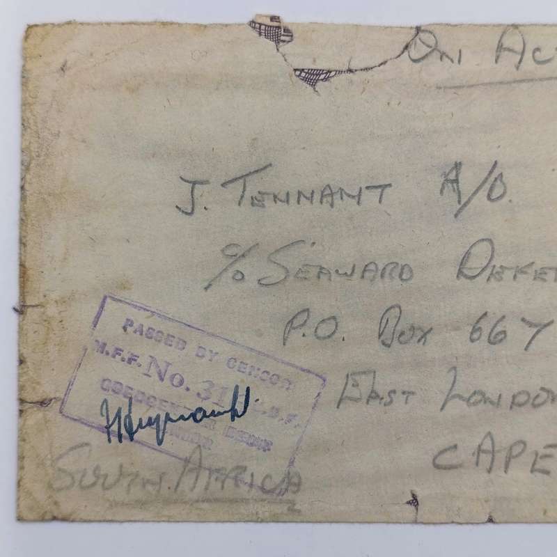 South Africa 1941 On Active service cover APO 60 to East London passed by censor