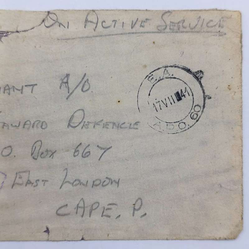 South Africa 1941 On Active service cover APO 60 to East London passed by censor