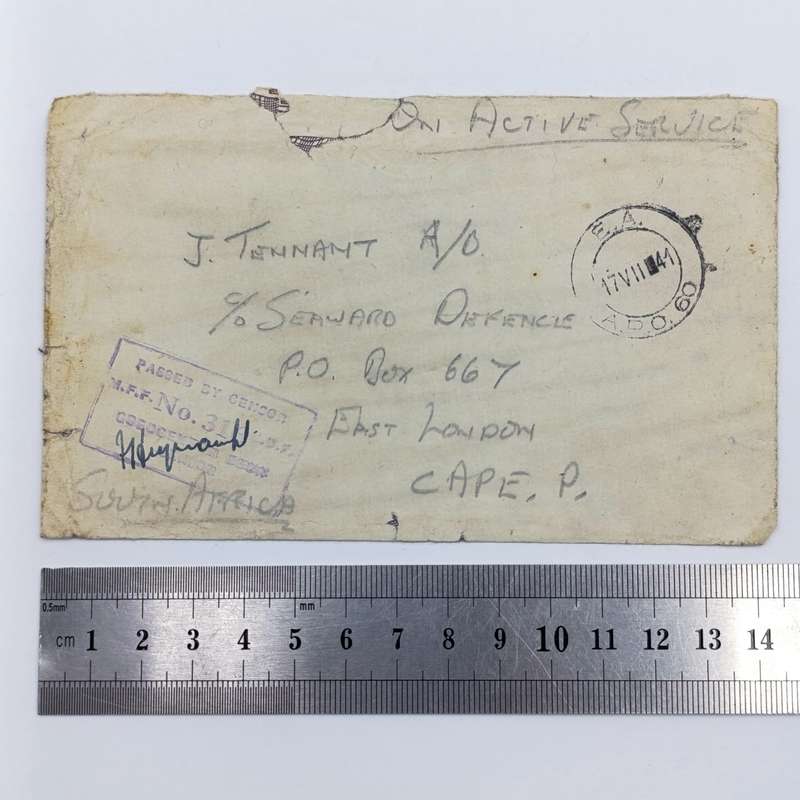 South Africa 1941 On Active service cover APO 60 to East London passed by censor